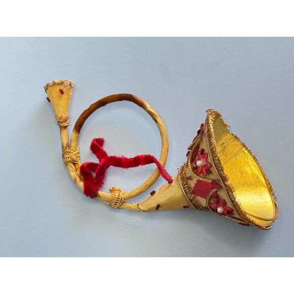 Handcrafted Decorative Gold & Red Horn Ornament With Embroidery & Pearl Accents - Picture 8 of 8